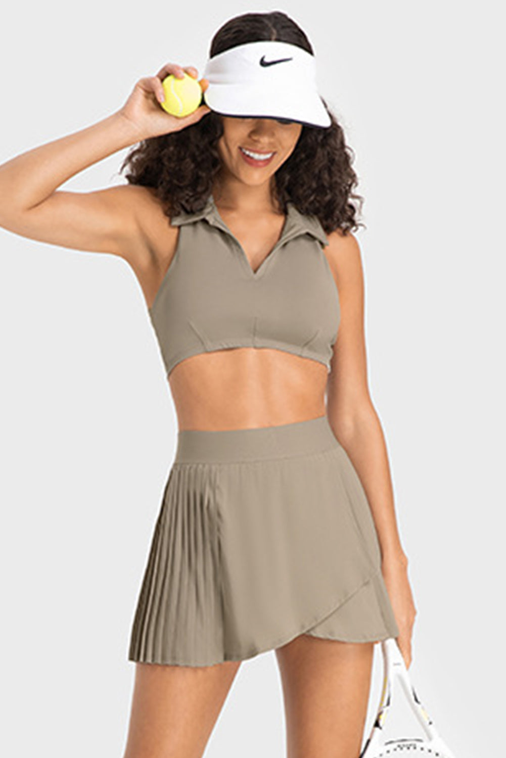  LC265443-P5016-S, LC265443-P5016-M, LC265443-P5016-L, LC265443-P5016-XL, Pale Khaki Pleated High Waist Active Sports Mini Skirt