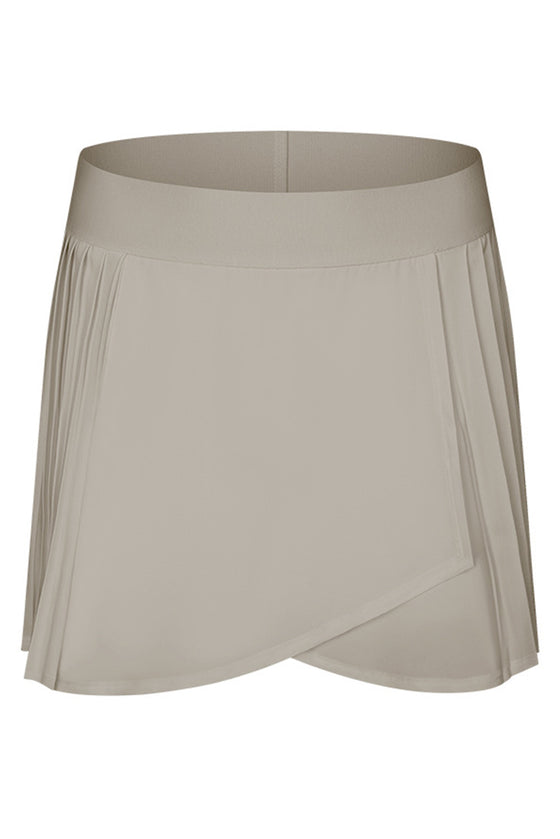 LC265443-P5016-S, LC265443-P5016-M, LC265443-P5016-L, LC265443-P5016-XL, Pale Khaki Pleated High Waist Active Sports Mini Skirt