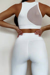 LC2611601-P1-S, LC2611601-P1-M, LC2611601-P1-L, White Mesh Insert Sports Bra And Pocketed Leggings Workout Set