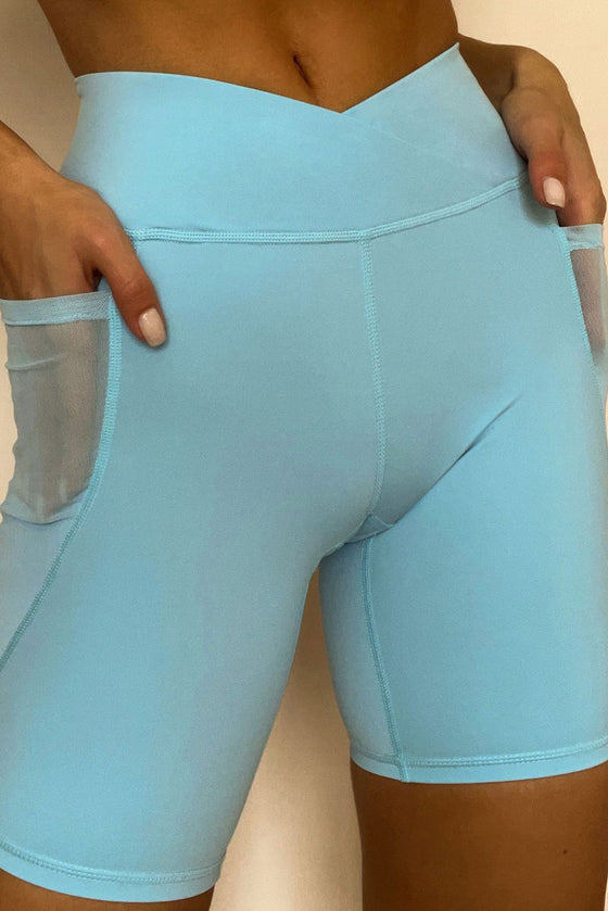 LC2611601-P304-S, LC2611601-P304-M, LC2611601-P304-L, Sky Blue Mesh Insert Sports Bra And Pocketed Leggings Workout Set
