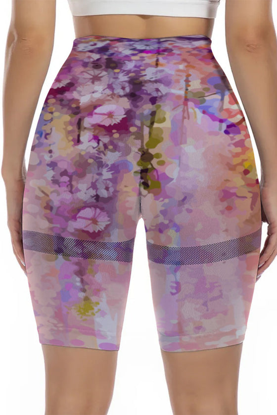 LC265454-P1020-S, LC265454-P1020-M, LC265454-P1020-L, LC265454-P1020-XL, Pink Abstract Floral Print High Waist Yoga Shorts