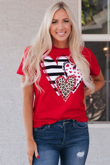  PACK25224432-103-1, Red Leopard Striped Heart Shaped Print Crew Neck T Shirt