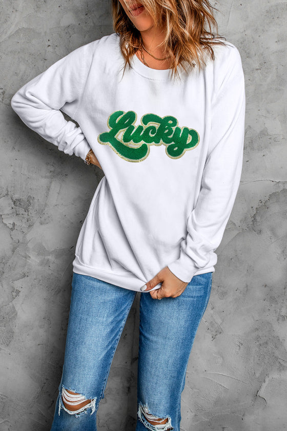 PACK25317156-1-1, White Shiny Trim Chenille Lucky Pattern Sweatshirt