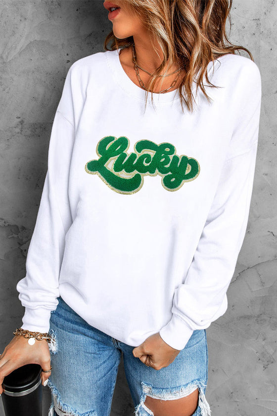PACK25317156-1-1, White Shiny Trim Chenille Lucky Pattern Sweatshirt
