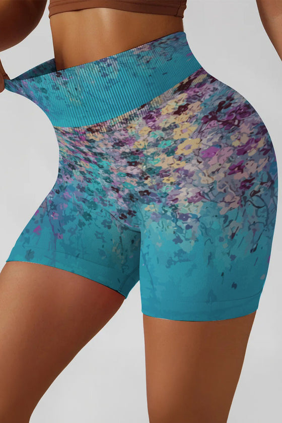 LC265445-P10420-S, LC265445-P10420-M, LC265445-P10420-L, LC265445-P10420-XL, Sky Blue Abstract Floral Print Ribbed High Waist Yoga Shorts