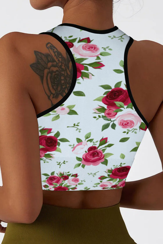 LC264658-P120-S, LC264658-P120-M, LC264658-P120-L, LC264658-P120-XL, White Floral Print Cropped Racerback Sports Tank Top