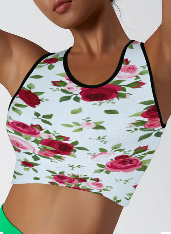 LC264658-P120-S, LC264658-P120-M, LC264658-P120-L, LC264658-P120-XL, White Floral Print Cropped Racerback Sports Tank Top