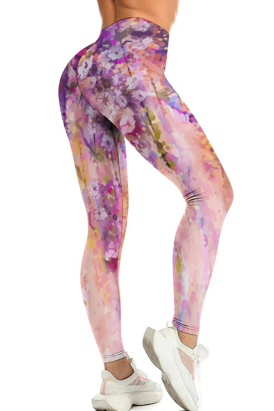LC265453-P1020-S, LC265453-P1020-M, LC265453-P1020-L, LC265453-P1020-XL, Pink Abstract Floral Print High Waist Yoga Leggings