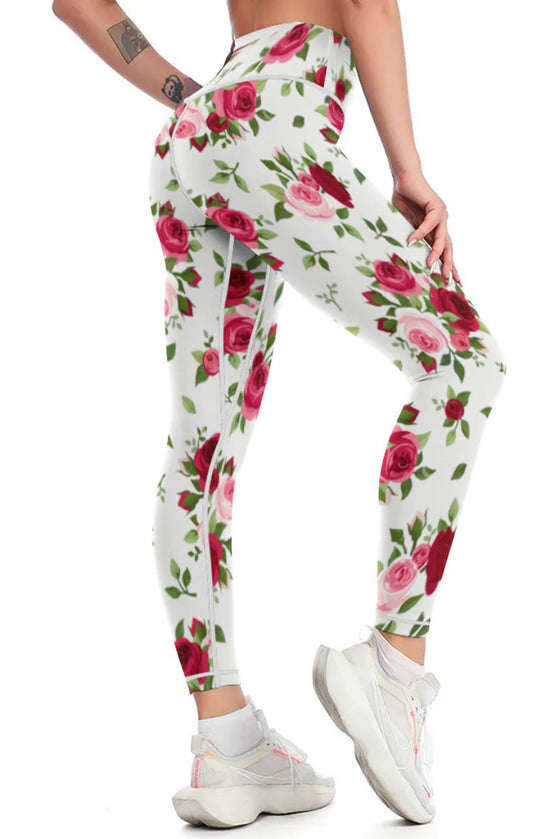 LC265446-P120-S, LC265446-P120-M, LC265446-P120-L, LC265446-P120-XL, White Floral Print High Waist Butt Lifting Yoga Pants