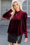 PACK25123529-3-1, Red Fiery Mock Neck Puff Sleeve Velvet Blouse