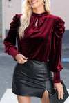 PACK25123529-3-1, Red Fiery Mock Neck Puff Sleeve Velvet Blouse