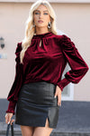 PACK25123529-3-1, Red Fiery Mock Neck Puff Sleeve Velvet Blouse