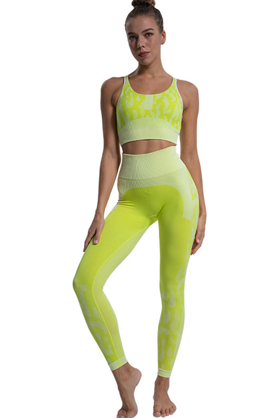 LC2611592-P920-S, LC2611592-P920-M, LC2611592-P920-L, Green Camouflage Print Criss Cross Bra and Leggings Sports Set