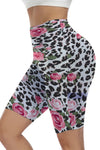 LC265452-P120-S, LC265452-P120-M, LC265452-P120-L, LC265452-P120-XL, White Floral Leopard Print High Waist Yoga Shorts