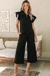 PACK625514-P2-1, PACK625514-P2-2, Black Textured Flutter Sleeve Top Wide Leg Pants Set