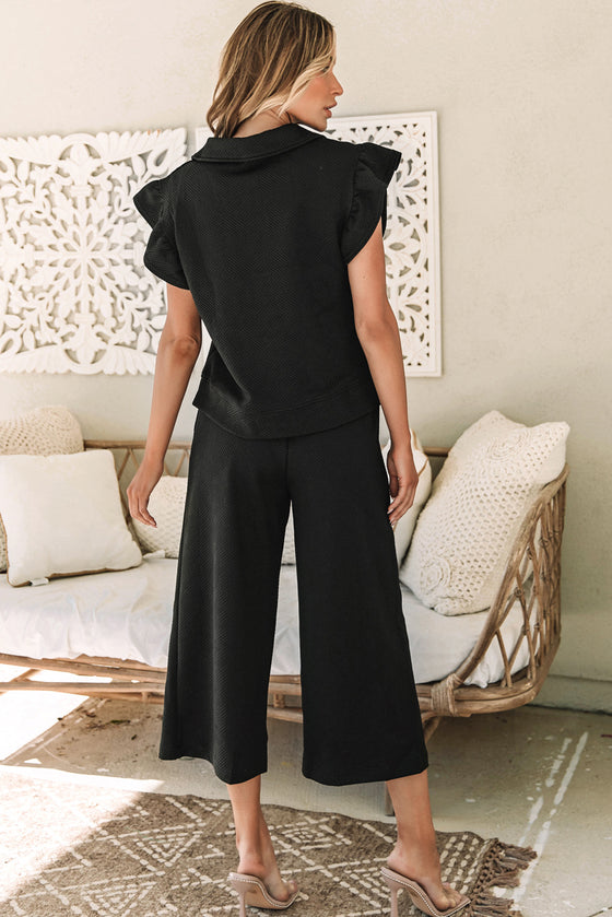 PACK625514-P2-2, Black Textured Flutter Sleeve Top Wide Leg Pants Set