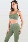 LC2611584-P1209-S, LC2611584-P1209-M, LC2611584-P1209-L, Laurel Green Seamless Ribbed Spaghetti Straps Bra Leggings Sports Set