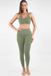 LC2611584-P1209-S, LC2611584-P1209-M, LC2611584-P1209-L, Laurel Green Seamless Ribbed Spaghetti Straps Bra Leggings Sports Set