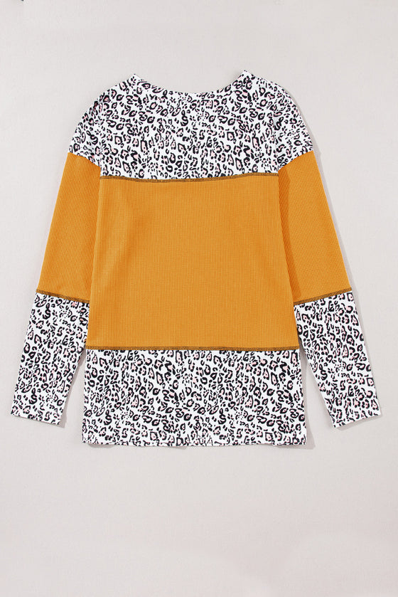 PACK25223364-P2014-1, PACK25223364-P2014-2, Vitality Orange Leopard Print Waffle Knit Patchwork Top
