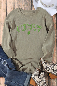  PACK25317166-9-1, Green LUCKY Clover Embroidered Corded Crewneck Sweatshirt