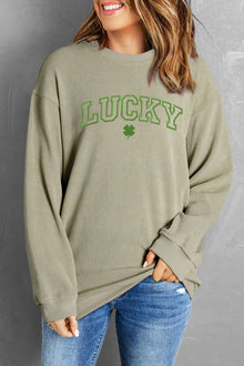  PACK25317166-9-1, Green LUCKY Clover Embroidered Corded Crewneck Sweatshirt