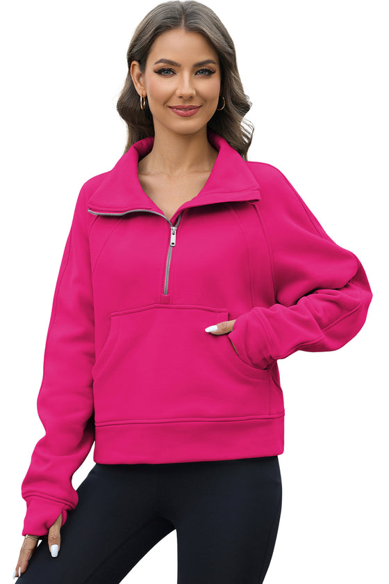 PACK25317099-P6-1, Rose Red Half Zipper Kangaroo Pocket Sweatshirt