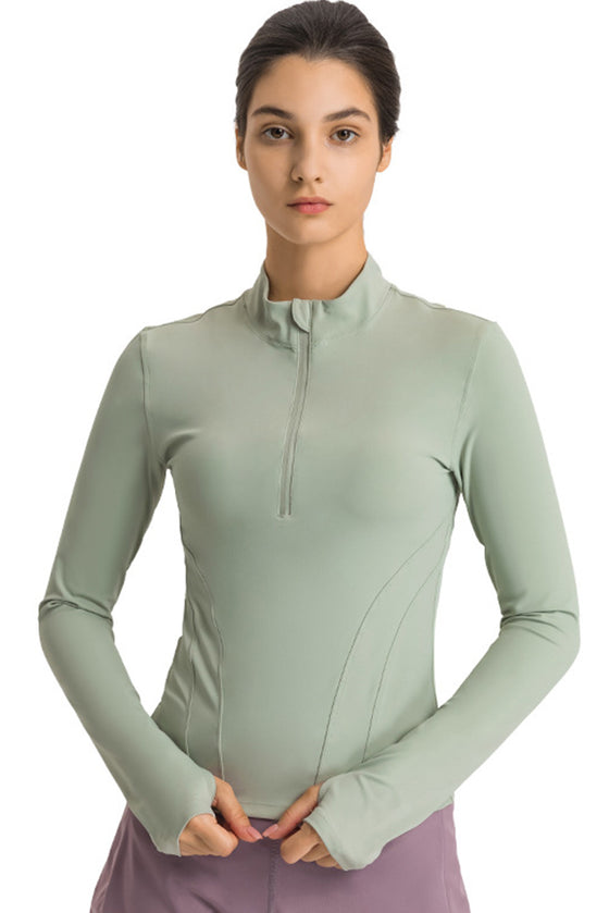 LC264659-P2009-S, LC264659-P2009-M, LC264659-P2009-L, LC264659-P2009-XL, Meadow Mist Green Half Zipper Long Sleeve Slim Fit Active Top