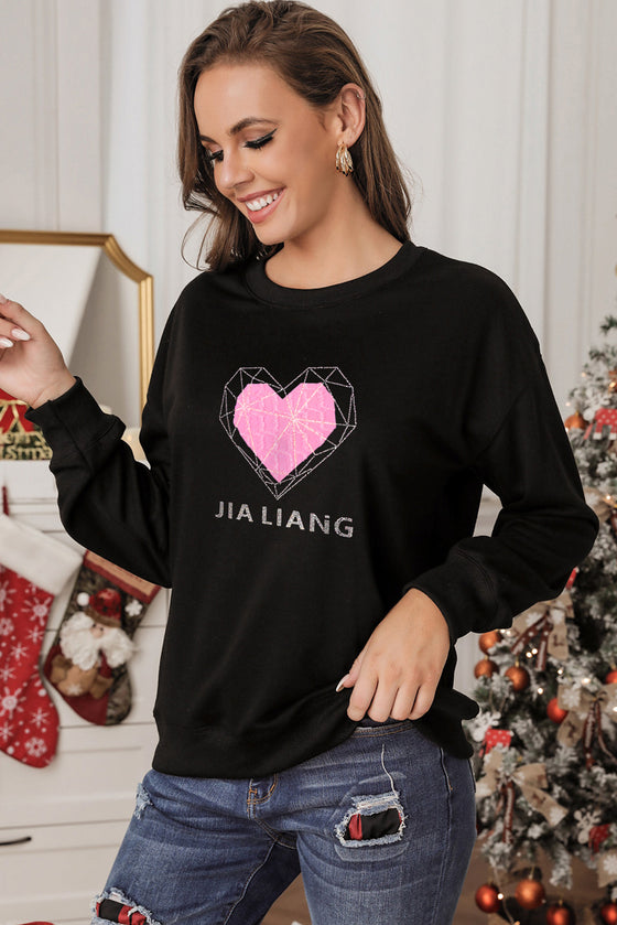 LC25317186-2-S, LC25317186-2-M, LC25317186-2-L, LC25317186-2-XL, Black JIA LIANG Heart-shape Diamond Sweatshirt