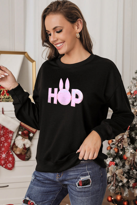 LC25317185-2-S, LC25317185-2-M, LC25317185-2-L, LC25317185-2-XL, PACK25317185-2-1, Black Sequined HOP Bunny Graphic Drop Shoulder Sweatshirt