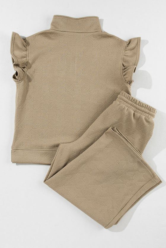 PACK625514-P5016-1, Pale Khaki Textured Flutter Sleeve Top Wide Leg Pants Set