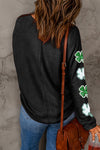 PACK25127279-2-1, Black Sequined St Patrick Clover Patched Long Sleeve Top