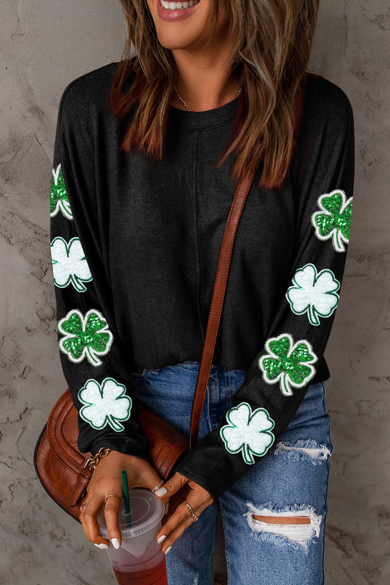 PACK25127279-2-1, Black Sequined St Patrick Clover Patched Long Sleeve Top