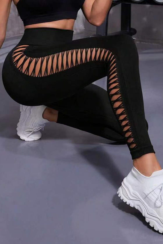 LC265455-P2-S, LC265455-P2-M, LC265455-P2-L, Black Strappy Hollowed High Waist Sports Leggings