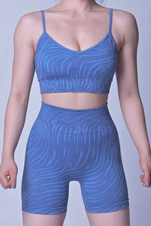  LC2611608-P419-S, LC2611608-P419-M, LC2611608-P419-L, Sky Blue Stripe Water Ripple Sports Bra and High Waist Shorts Set