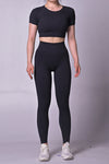 LC2611609-P219-S, LC2611609-P219-M, LC2611609-P219-L, Black Stripe Printed Crop Short Sleeve Top and Leggings Yoga Set