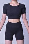 LC2611610-P219-S, LC2611610-P219-M, LC2611610-P219-L, Black Stripe Printed Cropped Top and Shorts Yoga Set