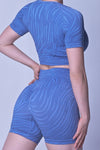 LC2611610-P419-S, LC2611610-P419-M, LC2611610-P419-L, Sky Blue Stripe Printed Cropped Top and Shorts Yoga Set