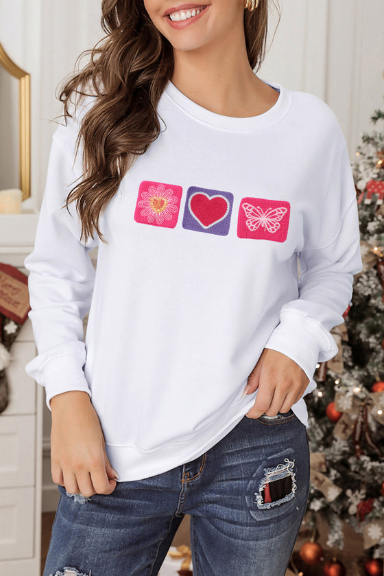 LC25317192-1-S, LC25317192-1-M, LC25317192-1-L, LC25317192-1-XL, White Embroidery Pattern Long Sleeve Crew Neck Graphic Sweatshirt