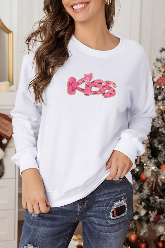 LC25317197-1-S, LC25317197-1-M, LC25317197-1-L, LC25317197-1-XL, White KISS Embroidered Patched Graphic Sweatshirt