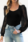 PACK6421585-P2-1, Black Frenchy Contrast Lace Bishop Sleeve Bodysuit