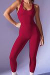 PACK260345-P403-1, Red Dahlia Sleeveless Cut Out Racer Back Yoga Jumpsuit
