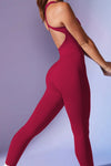 PACK260345-P403-1, Red Dahlia Sleeveless Cut Out Racer Back Yoga Jumpsuit
