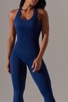 PACK260345-P605-1, Navy Blue Sleeveless Cut Out Racer Back Yoga Jumpsuit