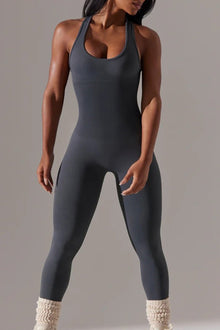  LC260345-P2011-S, LC260345-P2011-M, LC260345-P2011-L, Dark Grey Sleeveless Cut Out Racer Back Yoga Jumpsuit