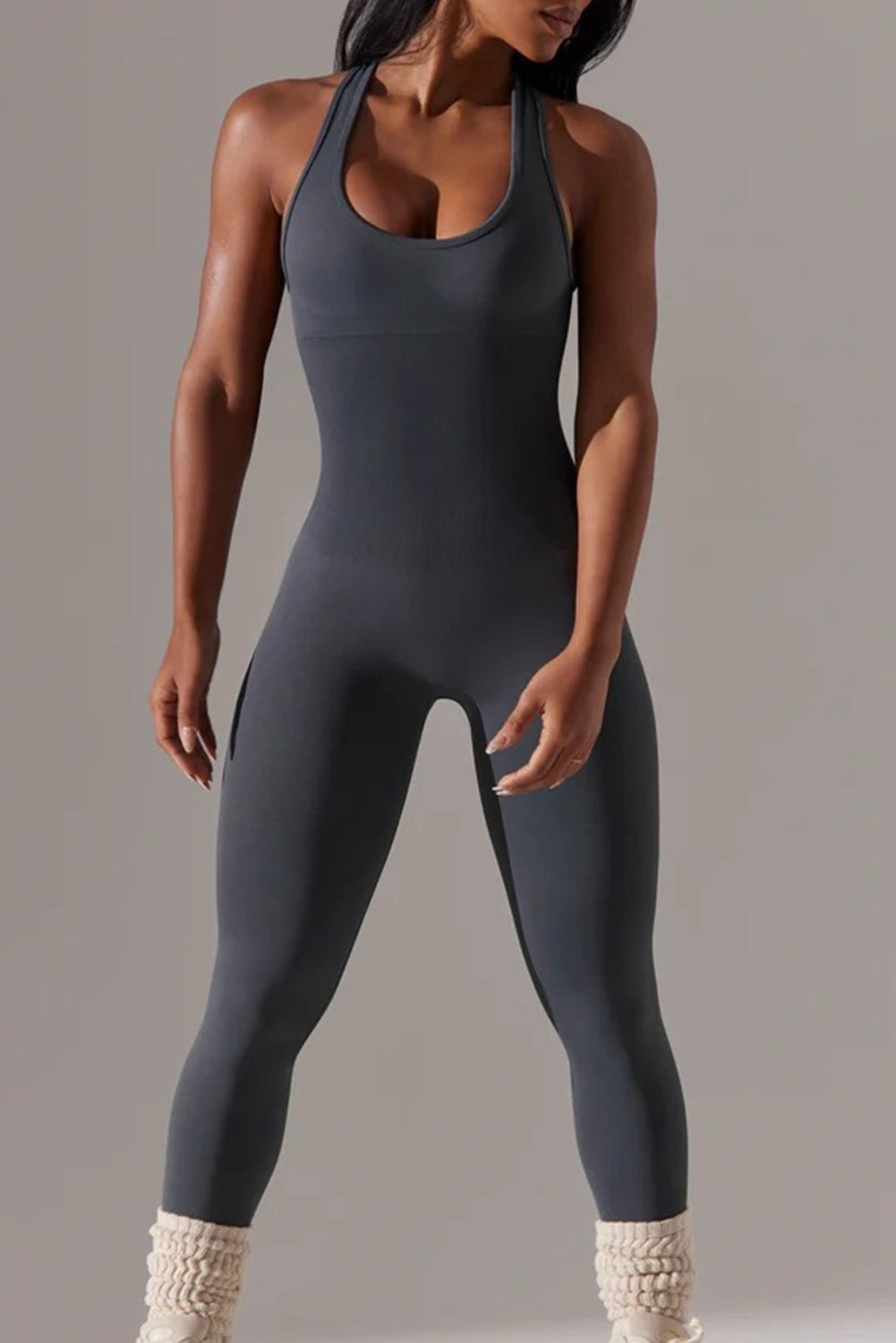  PACK260345-P2011-1, Dark Grey Sleeveless Cut Out Racer Back Yoga Jumpsuit