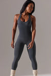 LC260345-P2011-S, LC260345-P2011-M, LC260345-P2011-L, Dark Grey Sleeveless Cut Out Racer Back Yoga Jumpsuit