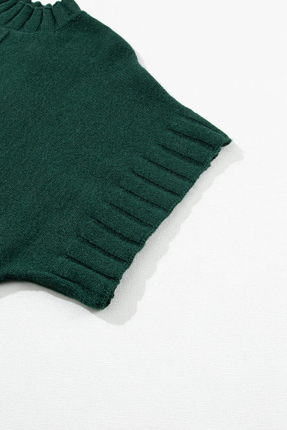 PACK2724426-P309-1, Blackish Green Mock Neck Batwing Short Sleeve Knit Sweater