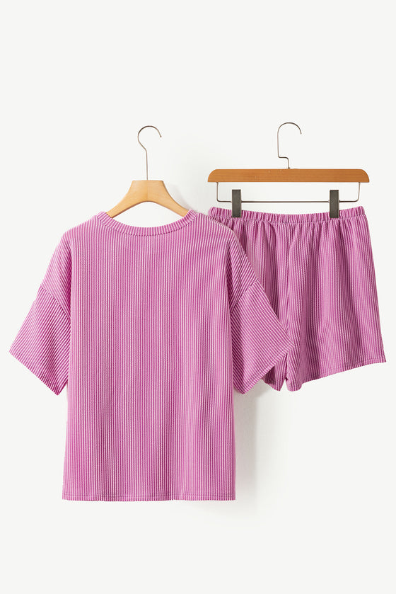 PACK625586-P608-1, Phalaenopsis Ribbed Textured Knit Loose Fit Tee and Shorts Set
