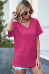 PACK25223652-P106-2, Bright Pink Crinkled V Neck Wide Sleeve T-shirt