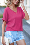 PACK25223652-P106-1, PACK25223652-P106-2, Bright Pink Crinkled V Neck Wide Sleeve T-shirt